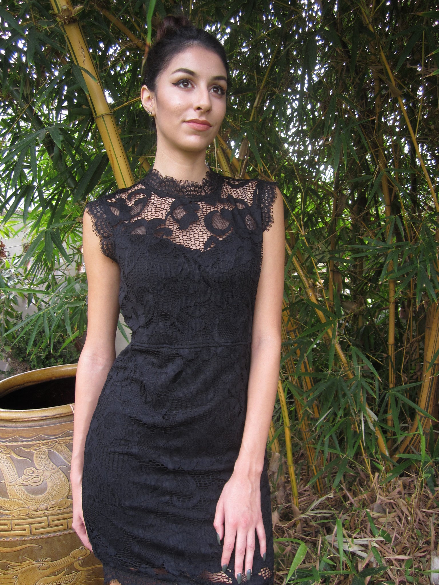 Mock Neck Black Lace Sheath Dress